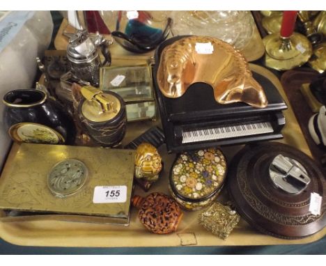A Tray of Sundries to Include Table Lighters, Oriental Box, Wade Humpy Dumpty, Hip Flask Etc. 