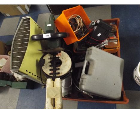 A Collection of Tools to Include Drill, Hedge Cutter, Cables, Battery Charger and An Electric Fire.