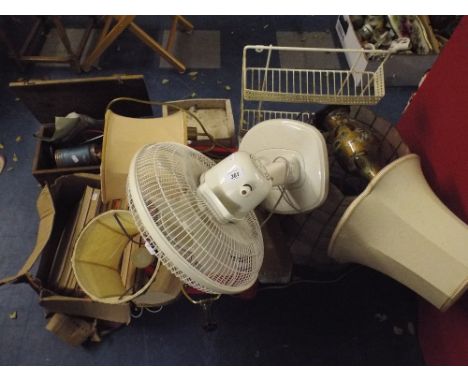 A Collection of Sundries to Include Electric Fan, Table Lamps, Music Books, Tools Etc. 
