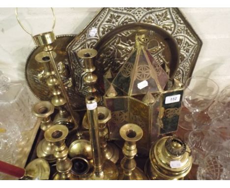 A Tray of Brass Ware to Include Candle Sticks, Wall Plaques, Oil Lamp, Lantern Shade Etc.