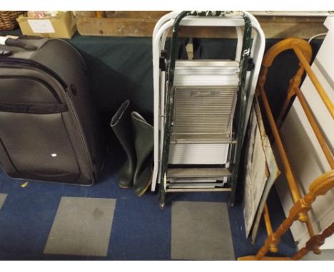 Sundries to Include Pine Towel Rail, Five Step Ladders, Suitcase Etc.