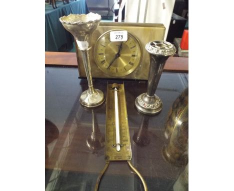 A Silver Bud Vase, Plated Vase, Metamec Mantle Clock and Brass Thermometer.