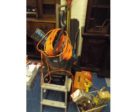 A Collection of Garden Tools, Step Ladder, Galvanized Bucket, Cable Extensions Etc.