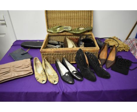 A vintage wicker hamper containing a variety of shoes and bags, to include Miu Miu clutch bag, Hobbs shoes and similar.