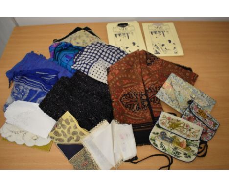 A selection of vintage scarves, head squares and bags etc, including red new wool Liberty of London shawl.
hole to one scarf 