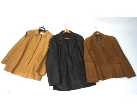 Three vintage jackets, comprising a black leather jacket by Ciro Citterio size L, a brown leather Jaeger jacket with gold lin