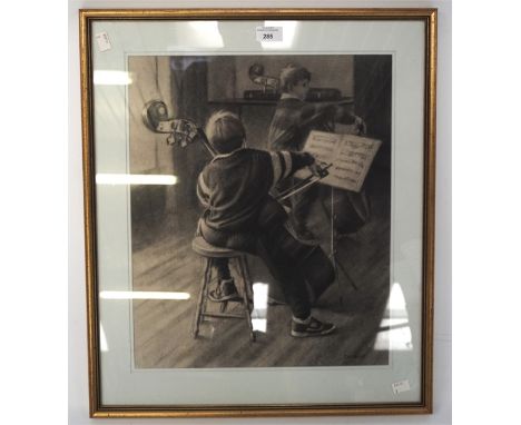 A 20th century charcoal sketch depicting two children playing stringed instruments, indistinctly marked to bottom right, fram