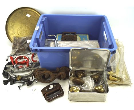 A collection of brass items and metalware, Victorian door knocker, hinges and others items 