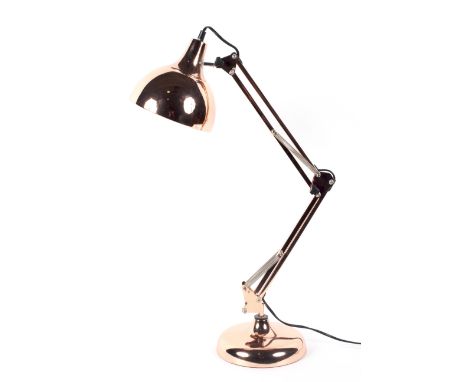 A contemporary gold coloured anglepoise style lamp table lamp, approximately H71cm when fully extended