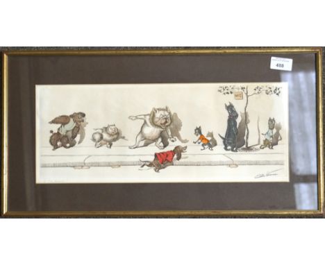 Boris O Klein, a signed comical dog lithograph, 'A la queue!', framed and glazed, W57cm x H29cm