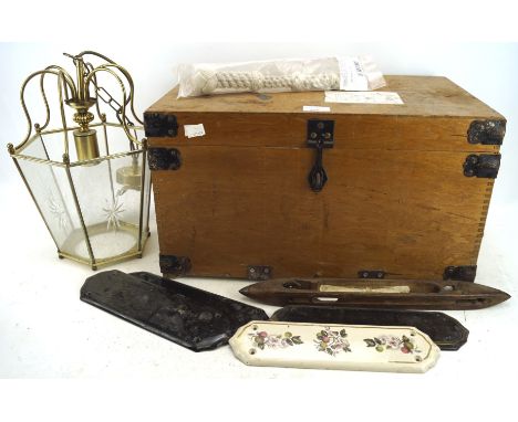 A modern cut glass brass mounted halll lantern and other items, in a vintage hinged wooden box, the light 34 cm high