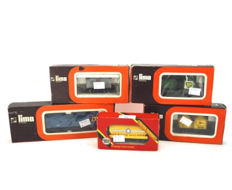 Five model train locomotives, four Lima and one Hornby, each boxed