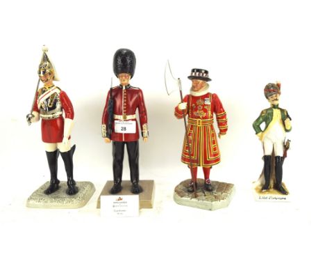 Four ceramic figures of soldiers and guards, comprising three Royal Doulton, Iconic London series, 'Beefeater HN5362, 'Lifegu