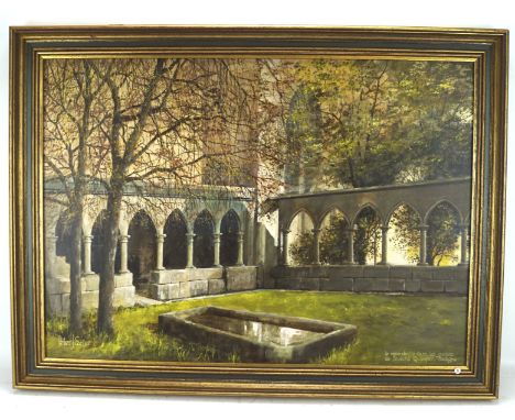 Peter J. Carter (1920-1979), oil on board, 'Le Vieux Cloitre dans les Jardin de L'Eveche, Quimper (Cloisters at Quimper)', si