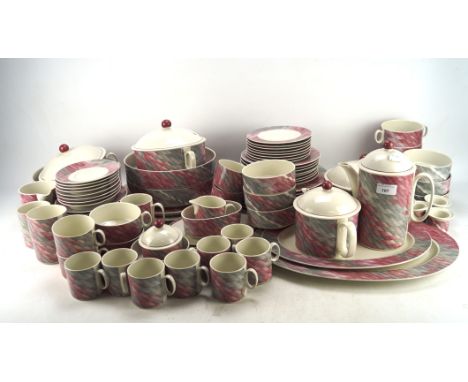 A Villeroy and Boch Collage pattern part dinner service, printed with pink and grey geometric borders, including: tea and cof