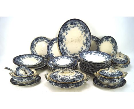 A K &amp; Co Late Mayers Chatsworth pattern part dinner service, decorated with blue foliate motifs on a white ground, includ