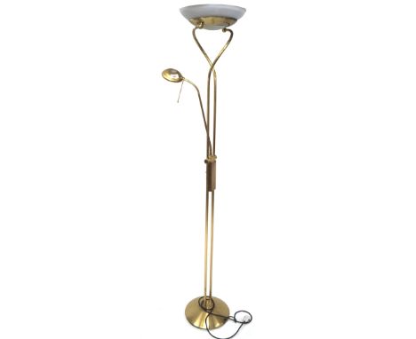 A contemporary electric hall lamp, with one adjustable light, the other with a glass shade, mounted on a circular base, H83cm