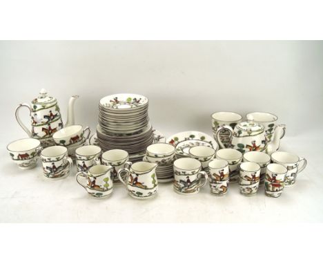 A Crown Staffordshire Hunting Scene pattern bone china part tea and coffee-service, printed green marks, including: a tea and
