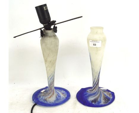 A pair of French blue and white Art Glass lamp bases marked 'Art de France' approx L15cm x H26cm