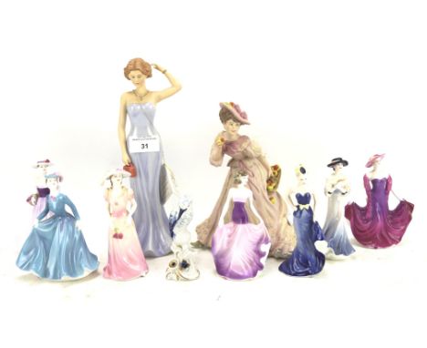 A collection of ceramic figures of ladies, to include examples by Coalport and Wedgwood and a Continental porcelain miniature