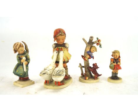 Four Goebel ceramic figures, 20th century, printed marks, comprising: a girl with geese, H19.2 cm and three figures with chil