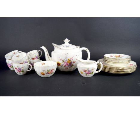 A Royal Crown Derby part tea service, in the 'Deeby Posies' pattern, comprising a teapot, cream jug, cups and saucers, sugar 