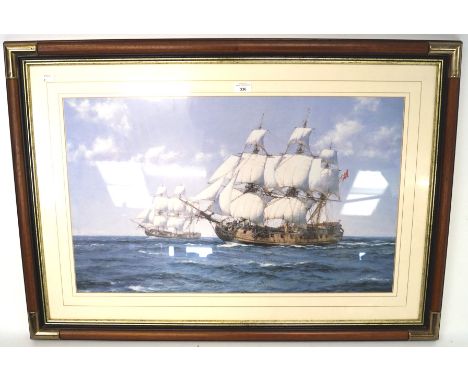 A large 20th century print of two galleons under full sail, titled verso 'The Duke and Duchess', 75cm x 45cm, framed and glaz