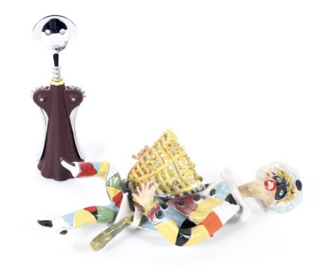 A vintage novelty Alessi corkscrew and an Italian ceramic figure of a clown, indistinctly signed to reverse, Cay Venezia, Ita
