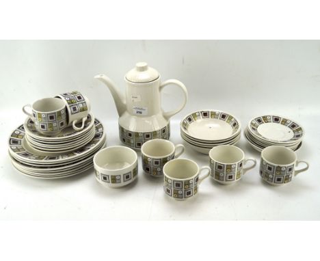 A retro mid-century Rushtone pottery part coffee and dinner service, including: a coffee pot and cover, mugs, saucers, and as