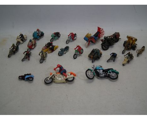 Britains - Maisto - A group of unboxed motorcycles including Chopper Trike, German Army BMW Combination, Spider-man and more.