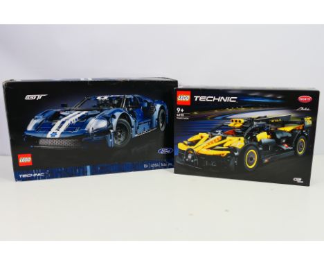 Lego - Technic - 2 x boxed car sets, a Bugatti Bolide # 42151 and a Ford GT # 42154. The boxes are tape sealed so are uncheck