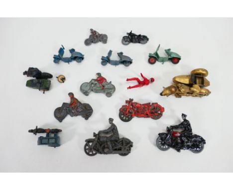 Tekno - Benbros - Dinky - Morestone - A group of unboxed motorcycle and scooter models including Benbros Vespa with rider, Di
