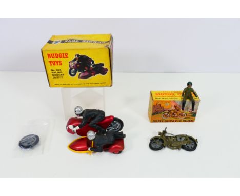 Benbros - Budgie - 2 x boxed models, Budgie Racing Sidecar Outfit # 264 and Benbros Army Dispatch Rider. The Budgie has a bro