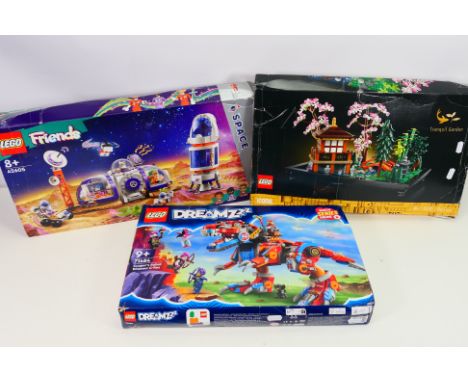 Lego - 3 x boxed sets, Lego Friends # 42605, Dreamz - Cooper's Robot Dinosaur C-Rex # 71484 and Icons - Tranquil Garden. All 
