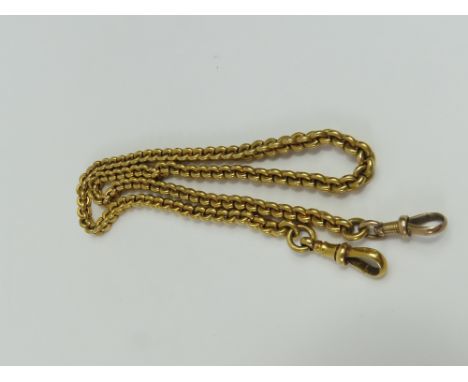 An 18ct gold watch chain, the tightly joined round links with a shaped side, with one 18ct gold swivel claps and another gold