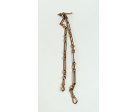 A 9ct rose gold alternating trombone and double knot link double Albert chain, each trombone link marked, with two swivel cla