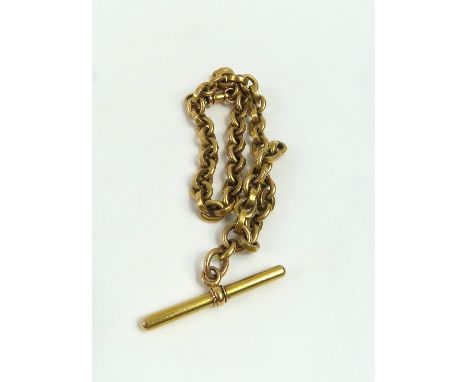 A gold watch chain, with alternating rounded and squared oval links, with T-bar, swivel clasp and length of additional chain 