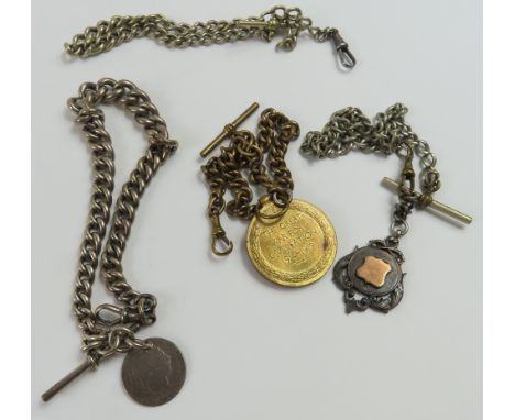 A silver graduated curb link watch chain, each link marked with the lion passant, with swivel clasp and T bar and a worn Geor
