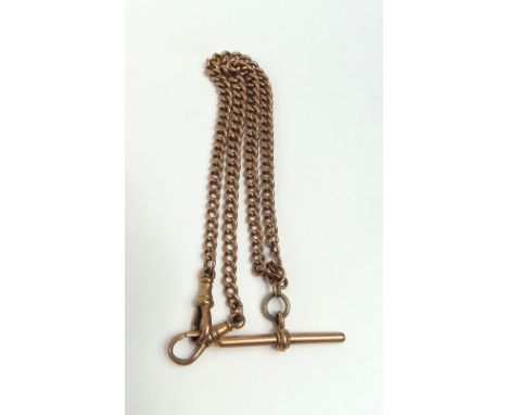 A 9ct rose gold double watch chain, each graduated curb link marked, with two swivel clasps and a T-bar, one connecting link 