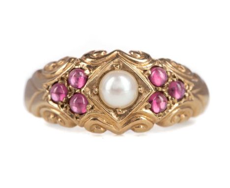 GEM SET AND PEARL RING,set with a central pearl flanked by cabochon rubies, in nine carat gold, size P, 3g