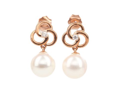 PAIR OF PEARL AND DIAMOND EARRINGS,the spherical pearls suspended from a knot motif post set with a central diamond of approx