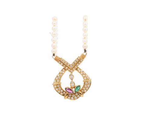 DIAMOND AND GEM SET PEARL NECKLET,the pendant set with round and marquise cut diamonds totalling approximately 0.40 carats, w