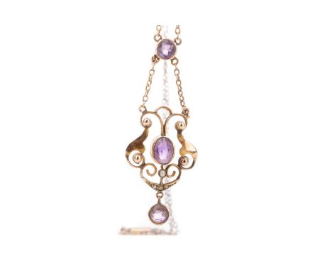 AMETHYST AND SEED PEARL NECKLET,set with three faceted amethysts, marked 9CT