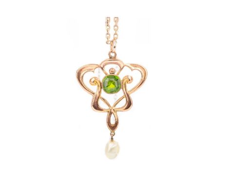 EDWARDIAN ART NOUVEAU DEMANTOID GARNET PENDANT,set with a green gemstone and with pearl drop, in nine carat rose gold, on a n