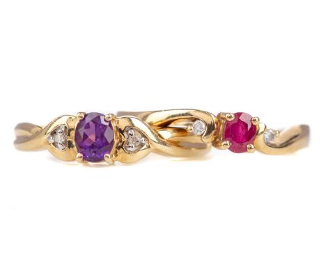 TWO GEM SET RINGS,comprising a ruby and an amethyst example, each flanked by diamond chips, each in nine carat gold, 4.3g (2)