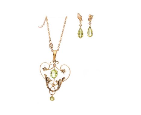 PERIDOT AND SEED PEARL HOLBEIN,of openwork form, marked 9C, on a nine carat gold chain, along with a pair of unmarked peridot