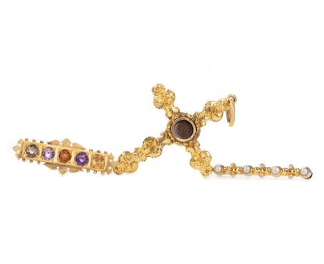 IMPRESSIVE HAIRWORK MOURNING CROSS PENDANT,with central hairwork panel, in yellow metal, along with an unmarked gem set bar b