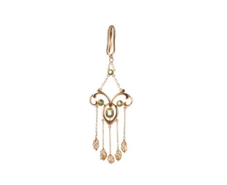 EDWARDIAN PERIDOT AND PEARL BROOCH,set with round and cushion cut peridots, with suspended caged baroque pearls, marked 9CT