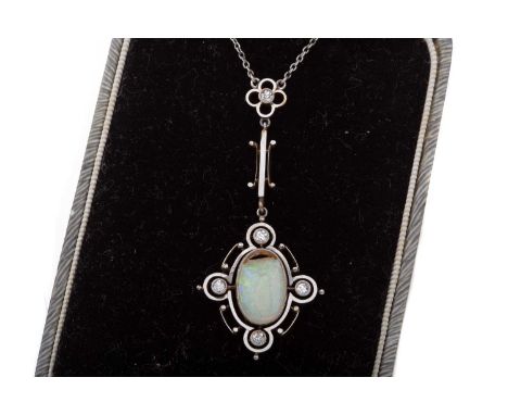 EDWARDIAN OPAL AND DIAMOND PENDANT,set with central opal flanked by diamonds, suspended from a diamond set flower, unmarked50