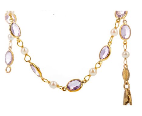 AMETHYST AND PEARL BRACLET,set with alternating pearls and amethysts, in eighteen carat gold